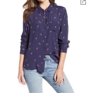 Rails Cherry Print Button Up Blouse Size Medium Navy Blue